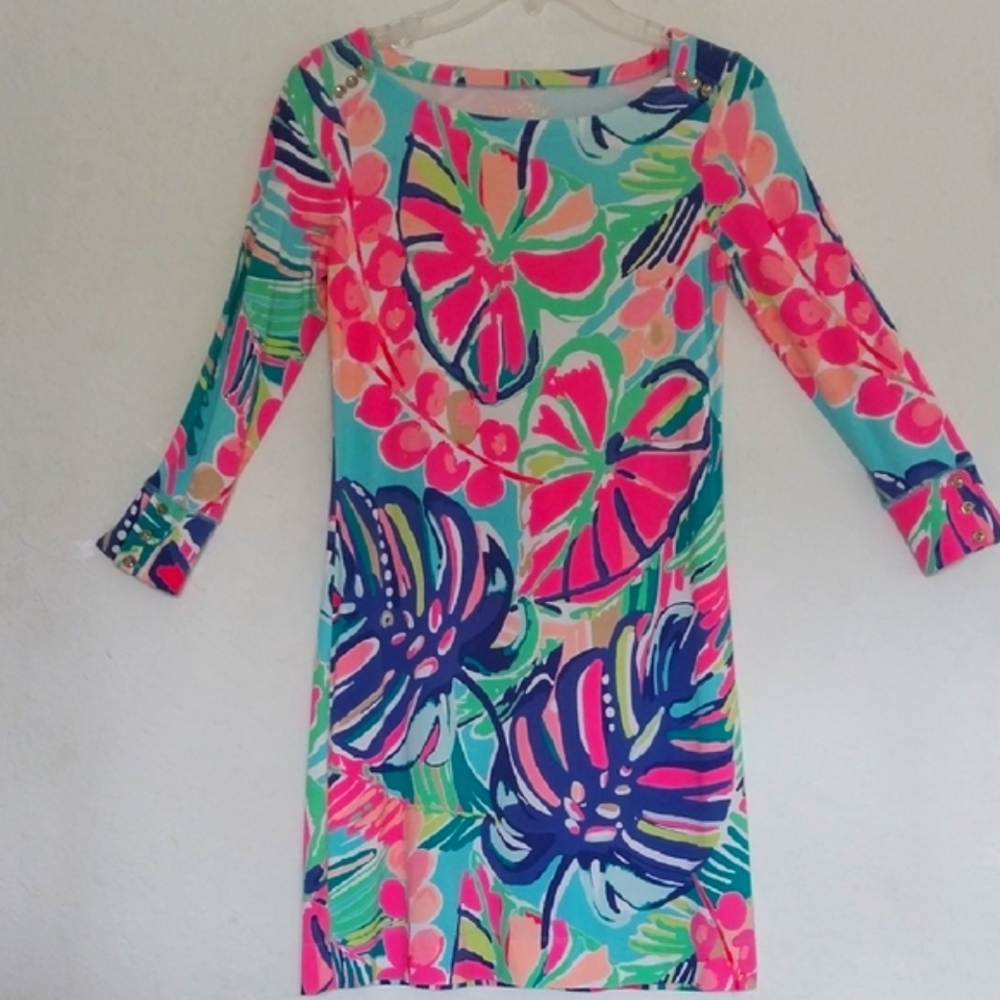 LILLY PULTIZER Dress Color Tropic 3/4 Sleeve Gold Logo Buttons LP Size X Small